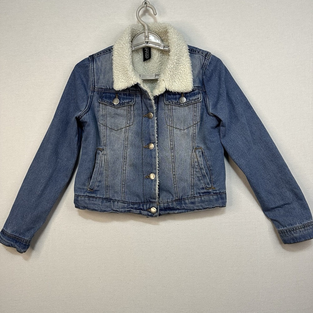 Jou Jou Junior's Blue Denim Faux Fur Lined Jacket Size Large Distressed ButtonUp